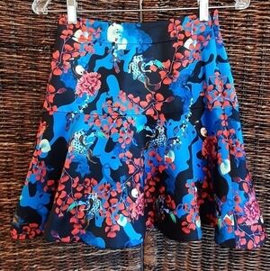 Mary Katrantzou Designer Mini Skirt Size 4 Black Tropical Bird Luxury A-Line